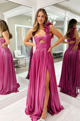 Charming A Line One Shoulder Keyhole Fuchsia Long Prom Dress with Slit