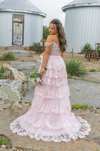 Cute A Line Off the Shoulder Pink Tiered Tulle Long Prom Dresses with Appliques VK24101903