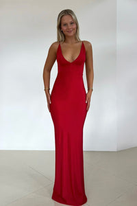 Sexy Mermaid V Neck Red Elastic Satin Prom Dresses