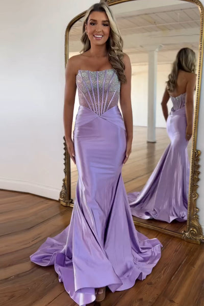 Sparkly Mermaid Strapless Lavender Satin Long Prom Dresses VK24102224