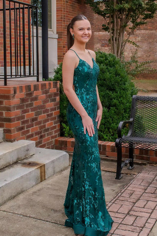 Charming Mermaid V Neck Dark Green Sequins Lace Prom Dresses with Slit