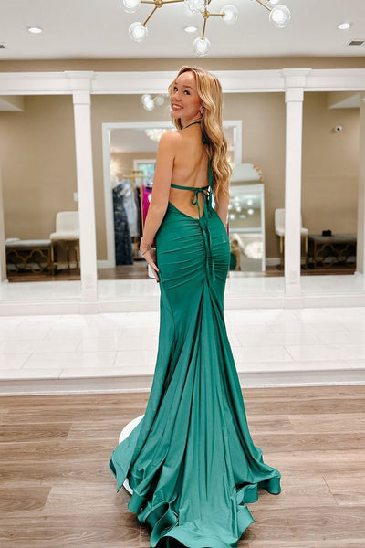 Cute Mermaid V Neck Dark Green Elastic Satin Long Prom Dresses with Slit VK24101011