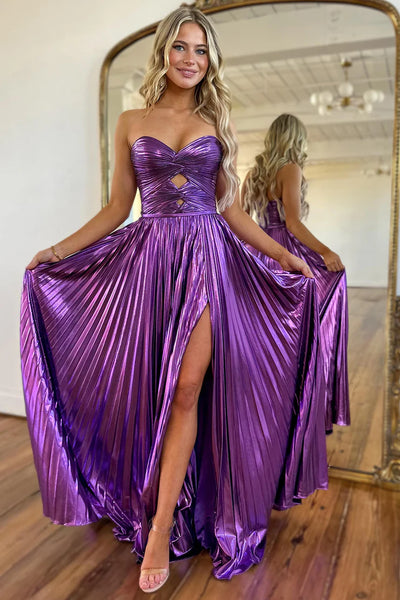 Cute A Line Sweetheart Purple Metallic Satin Pleat Prom Dresses with Slit VK24120401