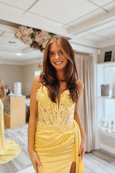 Cute Sheath Sweetheart Yellow Satin Prom Dress with Slit VK25030106