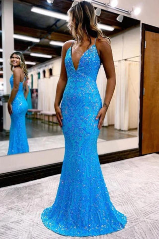 Cute Mermaid V Neck Blue Lace Sequins Long Prom Dress with Backless