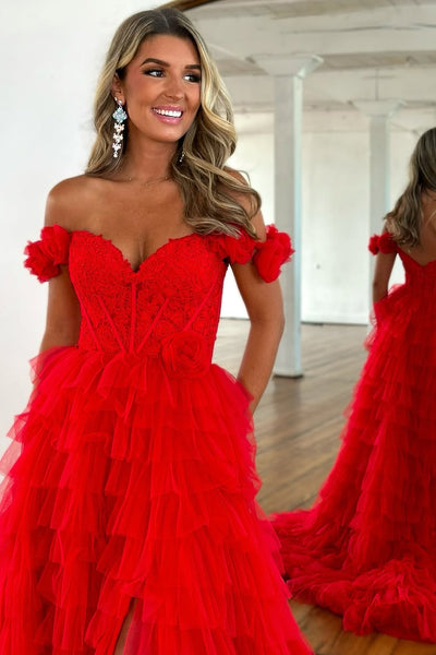 Cute A Line Off the Shoulder Red Tiered Tulle Prom Dress with Slit VK25012008