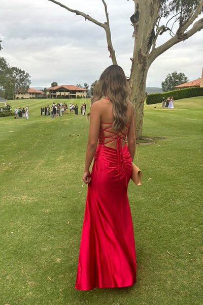 Cute Mermaid Scoop Neck Red Satin Slit Prom Dresses with Appliques VK130613