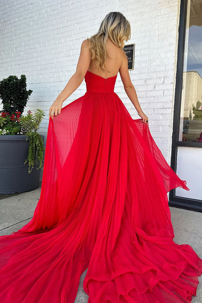 Charming A Line Sweetheart Keyhole Red Chiffon Long Prom Dresses with Slit VK24101906