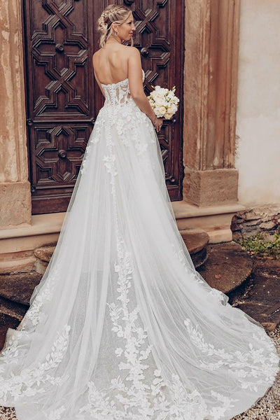 Fashion Bohemian A Line Sweetheart Tulle Long Wedding Dresses with Appliques VK24101711