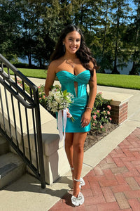 Cute Bodycon Sweetheart Teal Satin Short Homecoming Dresses VK2401007