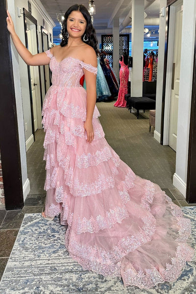 Fairy Ball Gown Off the Shoulder Pink Tulle Prom Dresses VK24102309