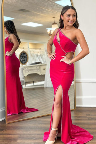 Red One Shoulder Velvet Mermaid Long Prom Dresses with Slit VK24060202