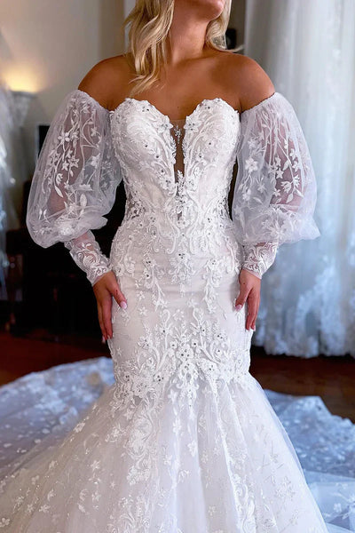 Gorgeous Mermaid Sweetheart Lace Wedding Dresses with Sleeves VK2410214