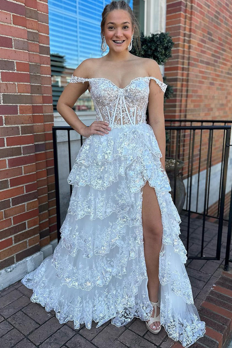 Cute White Sequin Lace Off the Shoulder Tiered Long Prom Dresses with Slit VK23112209