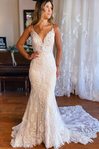 Gorgeous Mermaid V Neck Lace Long Wedding Dresses VK24100505