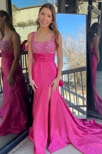 Mermaid Square Neck Fuchsia Satin Long Prom Dresses with Slit VK021710