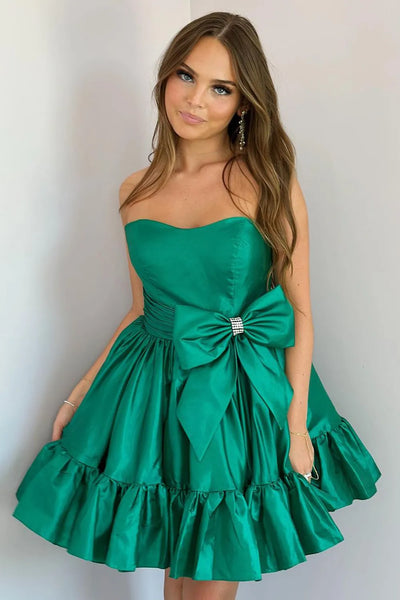 Dark Green Strapless Ruffle Tiered Satin Homecoming Dresses with Bow VK24081106