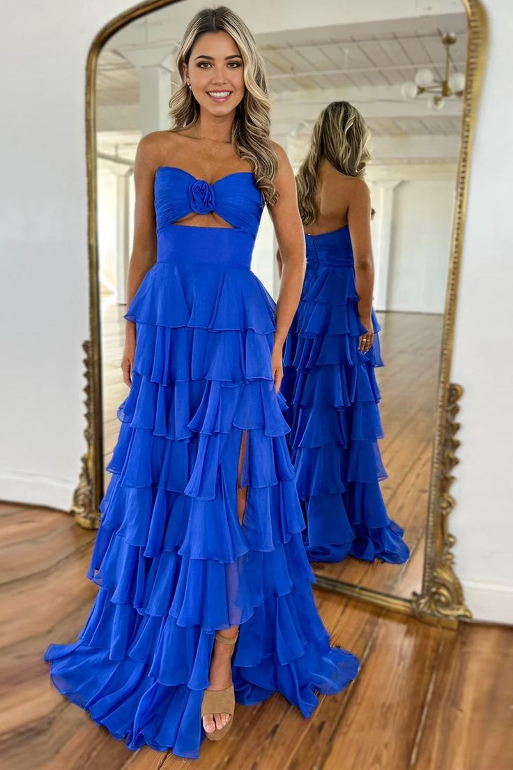 Cute A Line Sweetheart Royal Blue Chiffon Tiered Long Prom Dress with Slit VK25012503