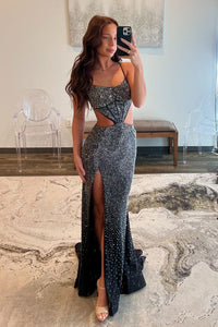 Cute Mermaid Scoop Neck Black Glitter Satin Slit Prom Dress