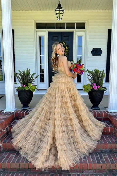 Elegant Ball Gown Strapless Gold Ruffle Tiered Tulle Long Prom Dresses VK24053001