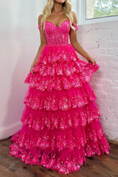 Princess Ball Gown Hot Pink Off the Shoulder Long Prom Dress VK23122009