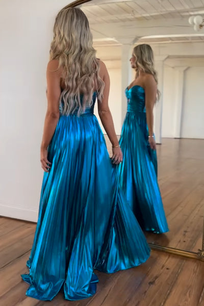 Charming Mermaid Sweetheart Teal Pleated Prom Dresses with Slit VK24102021