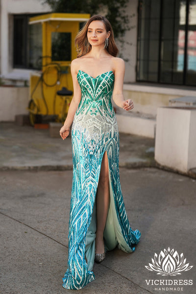 Cute Mermaid V Neck Green Silver Prom Dresses with Slit VK24121206