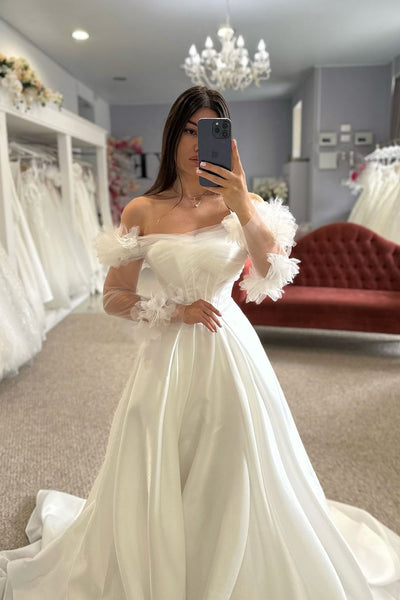 Boho A Line Off the Shoulder Satin Long Wedding Dresses with 3D Flowers