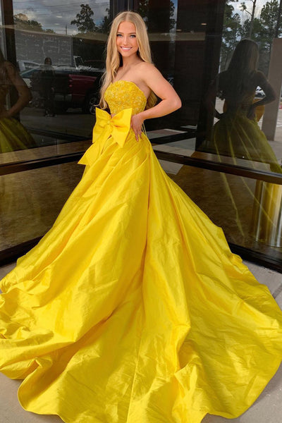 Yellow Strapless Two Piece Satin Long Prom Dresses with Bow VK24030802