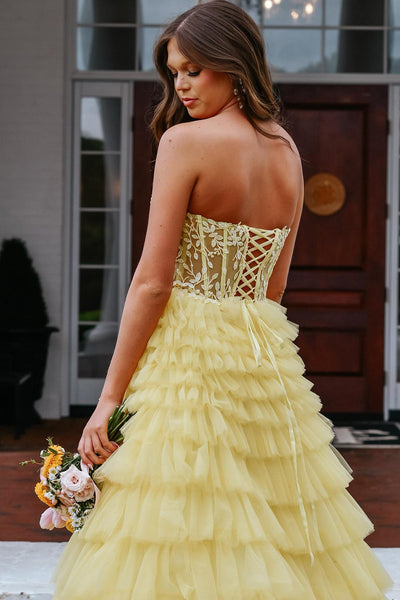 Cute Sweetheart Yellow Tiered Tulle Long Prom Dresses VK24102408