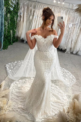 Fairy Mermaid Off the Shoulder Lace Wedding Dress with 3D Flowers VK24103006