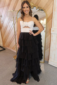 Fashion Sheath Strapless Keyhole White Black Chiffon Tiered Prom Dress VK13111604