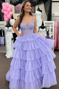 A-Line Ruffle Tiered Tulle Long Prom Dresses with Appliques VK24020805