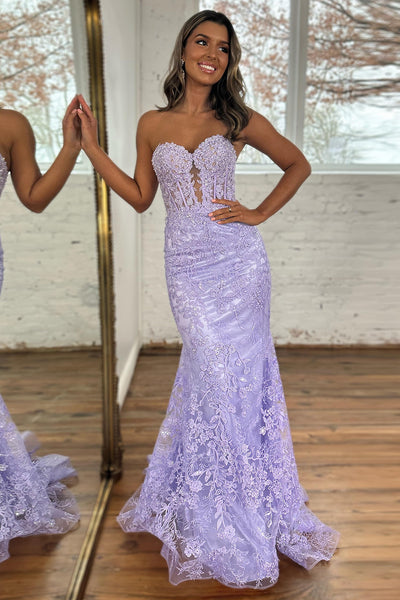 Charming Mermaid Sweetheart Lavender Lace Long Prom Dresses with Appliques VK24102010