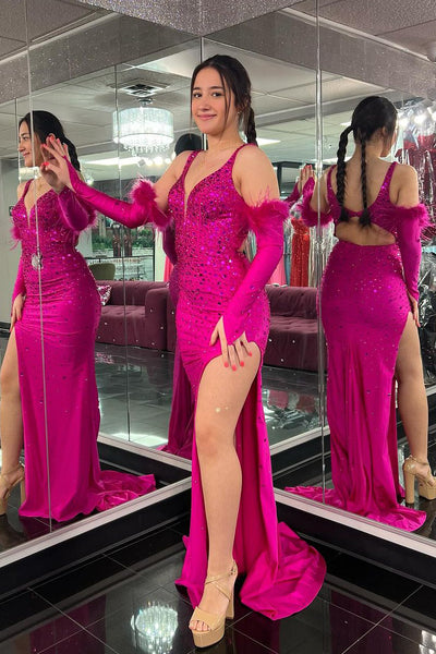 Fuchsia V Neck Beaded Mermaid Long Prom Dresses with Slit VK24050902