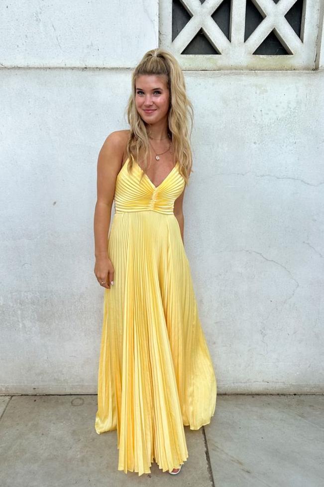 Charming A Line V Neck Yellow Satin Long Prom Dresses VK24102306