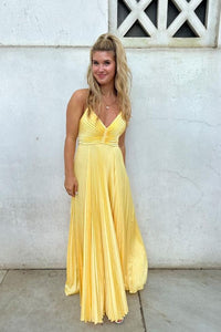 Charming A Line V Neck Yellow Satin Long Prom Dresses VK24102306