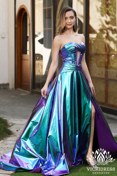 Fashion A Line Sweetheart Magic Metallic Satin Slit Prom Dress VK24121108