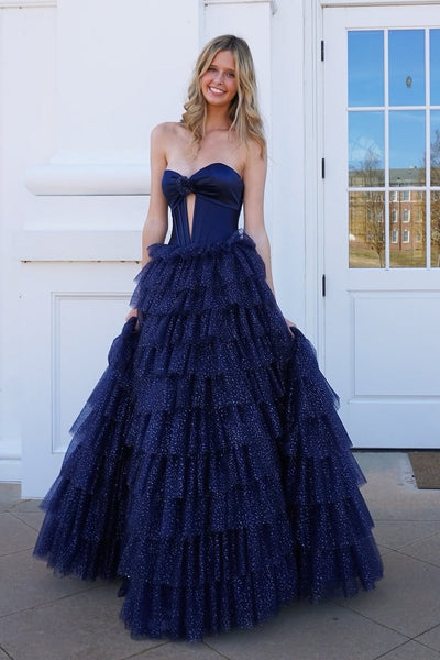 Cute A Line Sweetheart Keyhole Navy Tulle Tiered Long Prom Dress VK1362003