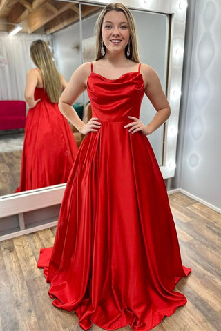 Red Cowl Neck Spaghetti Strap A-Line Long Prom Dress VK23112108