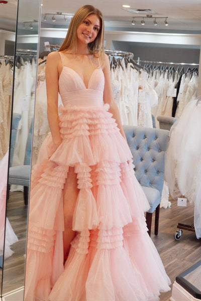 Cute A Line V Neck Tiered Tulle Prom Dresses with Slit VK24102310