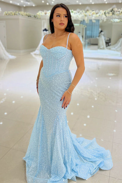 Sparkly Mermaid Sweetheart Sky Blue Sequins Long Prom Dresses