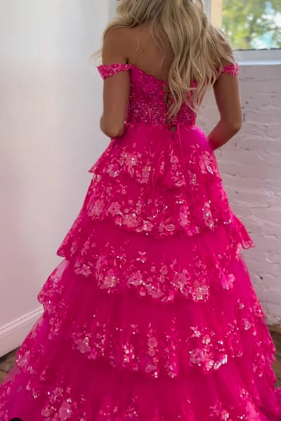 Princess Ball Gown Hot Pink Off the Shoulder Long Prom Dress VK23122009