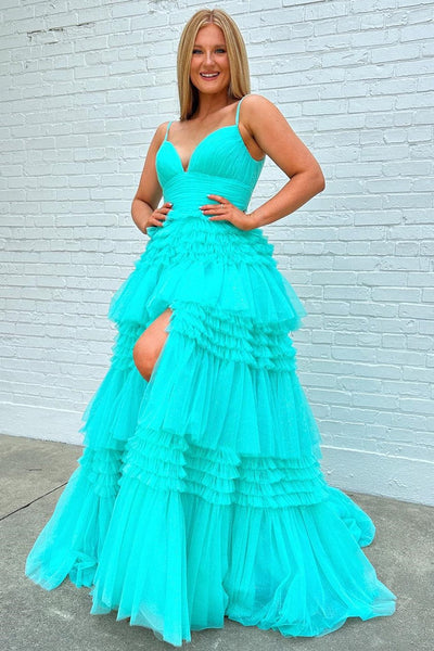 Cute A Line V Neck Tiered Tulle Prom Dresses with Slit VK24102310