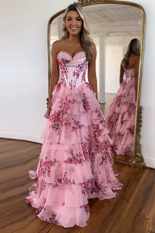 Gorgeous A Line Sweetheart Blush Floral Print Tiered Chiffon Prom Dresses