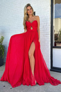 Charming A Line Sweetheart Pleat Chiffon Long Prom Dresses with Slit