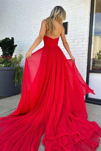 Charming A Line Sweetheart Pleat Chiffon Long Prom Dresses with Slit