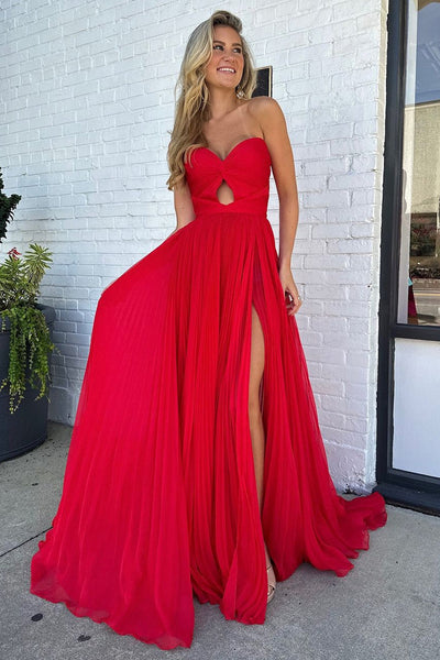 Charming A Line Sweetheart Pleat Chiffon Long Prom Dresses with Slit