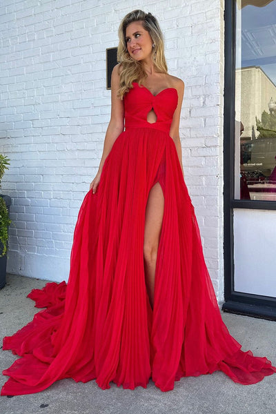 Charming A Line Sweetheart Pleat Chiffon Long Prom Dresses with Slit