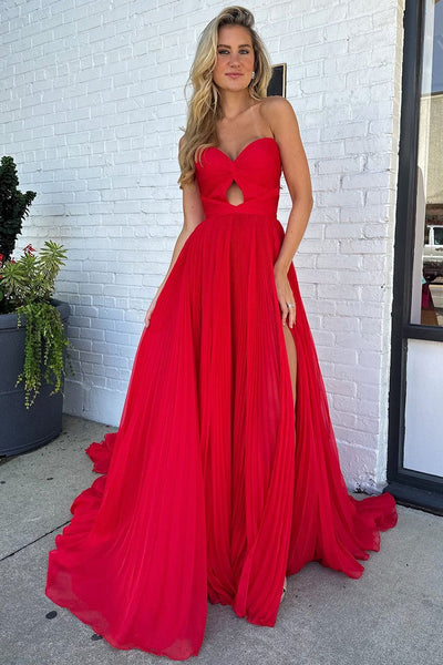 Charming A Line Sweetheart Pleat Chiffon Long Prom Dresses with Slit